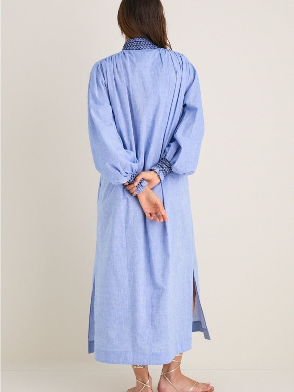 Tuckernuck Aubrey Chambray Linen Blend Smocked Maxi Dress Small NWOT - Picture 7 of 17